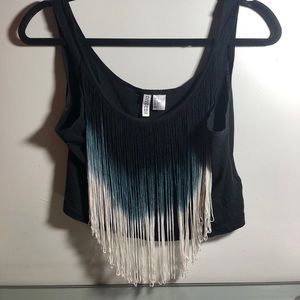 Detailed black crop top with tie dyed fringe!